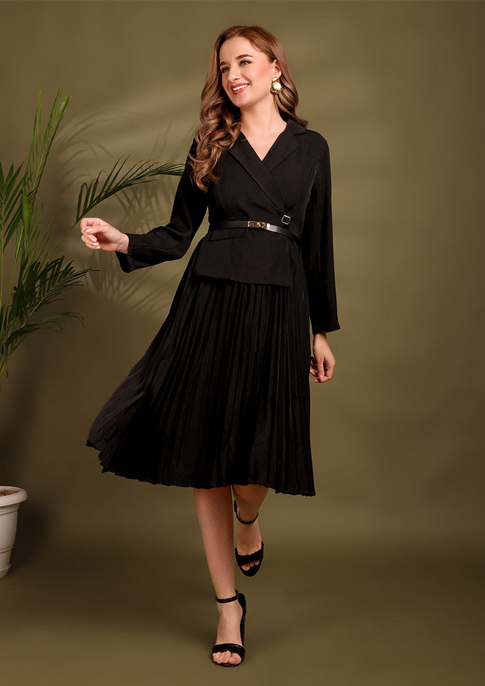 Asymmertic Black Blazer Pleated Midi Dress