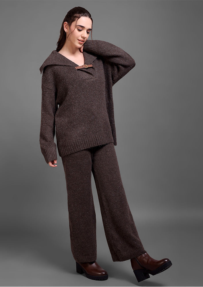 Brown Woolen  Sweater Top And Trouser Co-ord Set