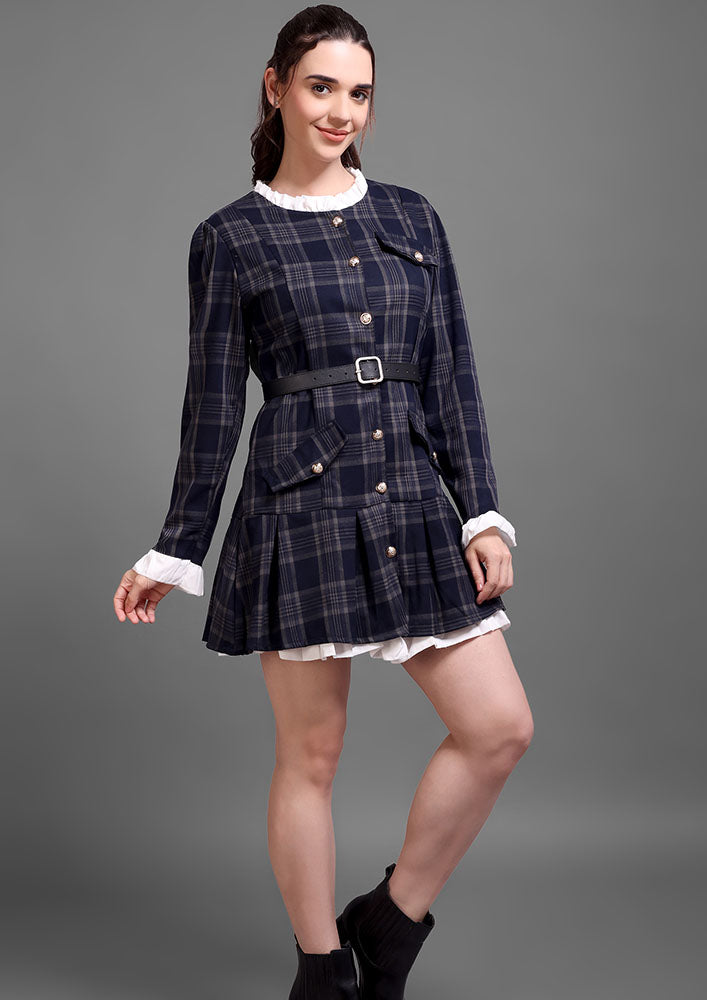 Navy Checkered Pleated Button-Down Dress
