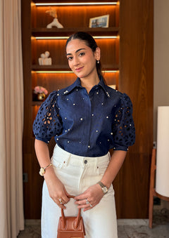 Denim Shirt with Cutwork Sleeves and Pearl Work