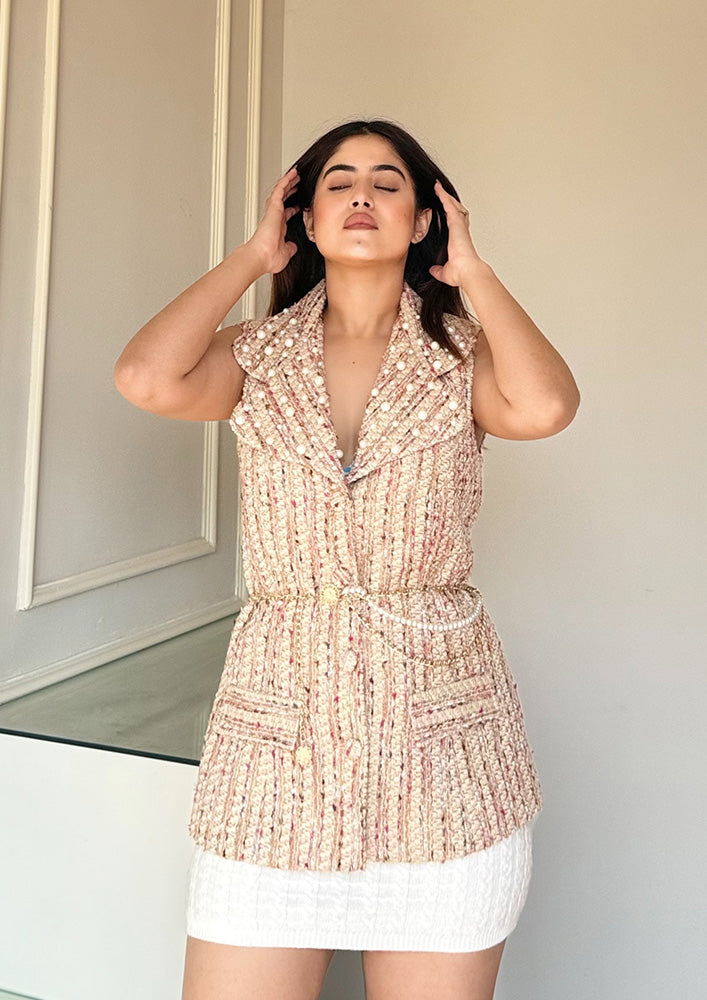 Yellow Tweed Vest Jacket With Pearl Detailed Collar And Belt