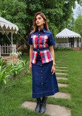 Navy Blue Check Panel Cotton Two-Piece Set