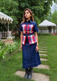 Navy Blue Check Panel Cotton Two-Piece Set