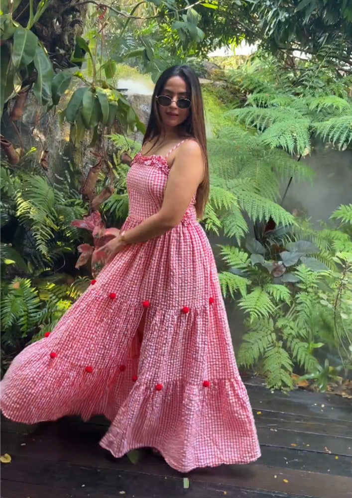 Red Check Maxi Dress With Ruffle & Pom-Pom Detailing