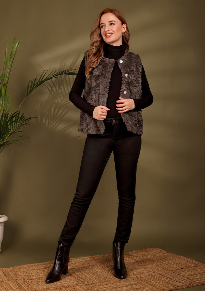 Brown Woolen Fur Sleeveless Vest