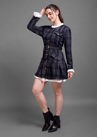 Navy Checkered Pleated Button-Down Dress