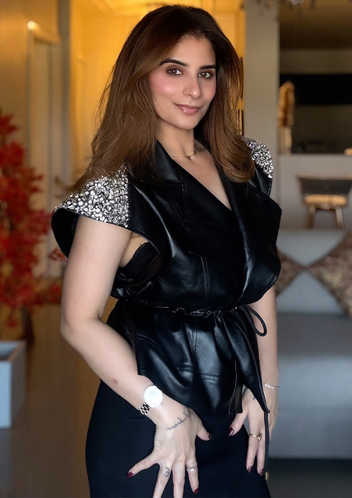 Leather Sleeveless Jacket with Shoulder Embellishments
