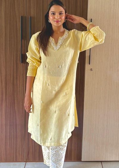 Yellow Linen Embellished A-Line Kurta with Schiffli Pants