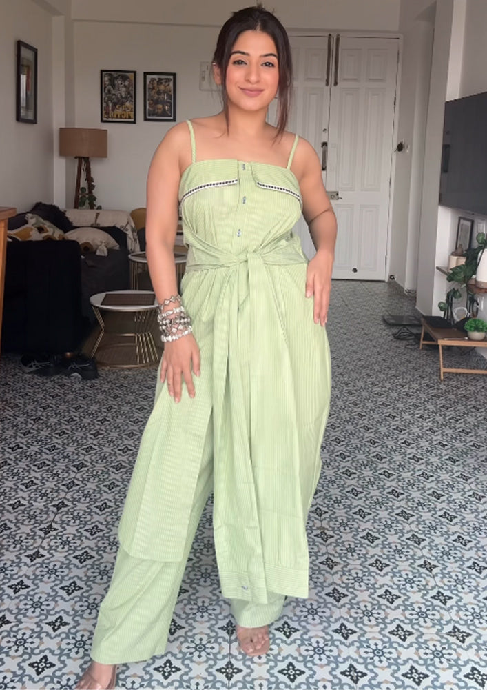Green Stripe With Statement Front Knot Co-Ord Set With Pants