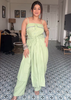 Woman wearing  a stylish and trending  sea green  Co-ord Set With Pants 