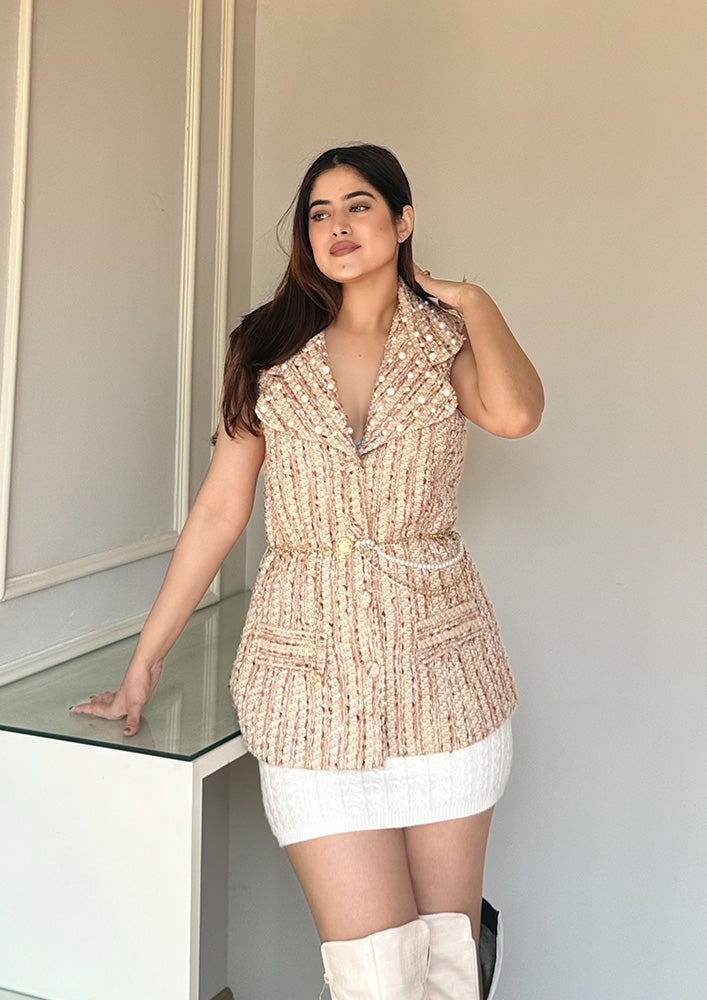 Yellow Tweed Vest Jacket With Pearl Detailed Collar And Belt