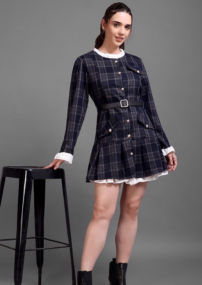 Navy Checkered Pleated Button-Down Dress