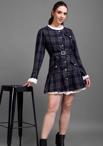 Navy Checkered Pleated Button-Down Dress