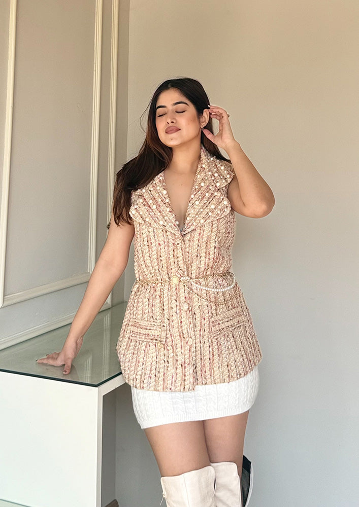 Yellow Tweed Vest Jacket With Pearl Detailed Collar And Belt