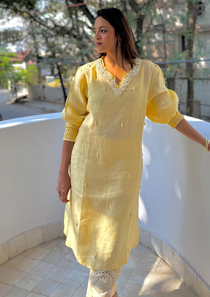 Yellow Linen Embellished A-Line Kurta with Schiffli Pants