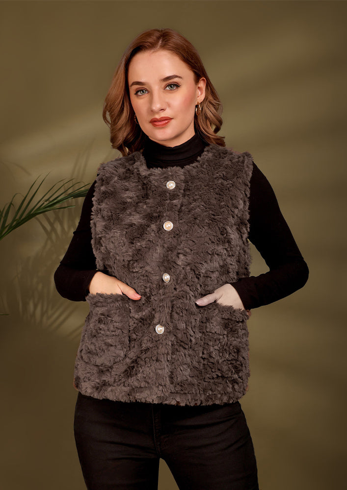 Brown Woolen Fur Sleeveless Vest