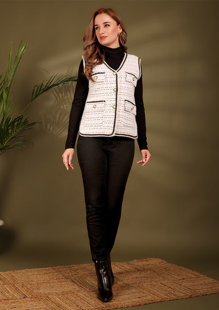 White Sleeveless Textured Tweed Jacket