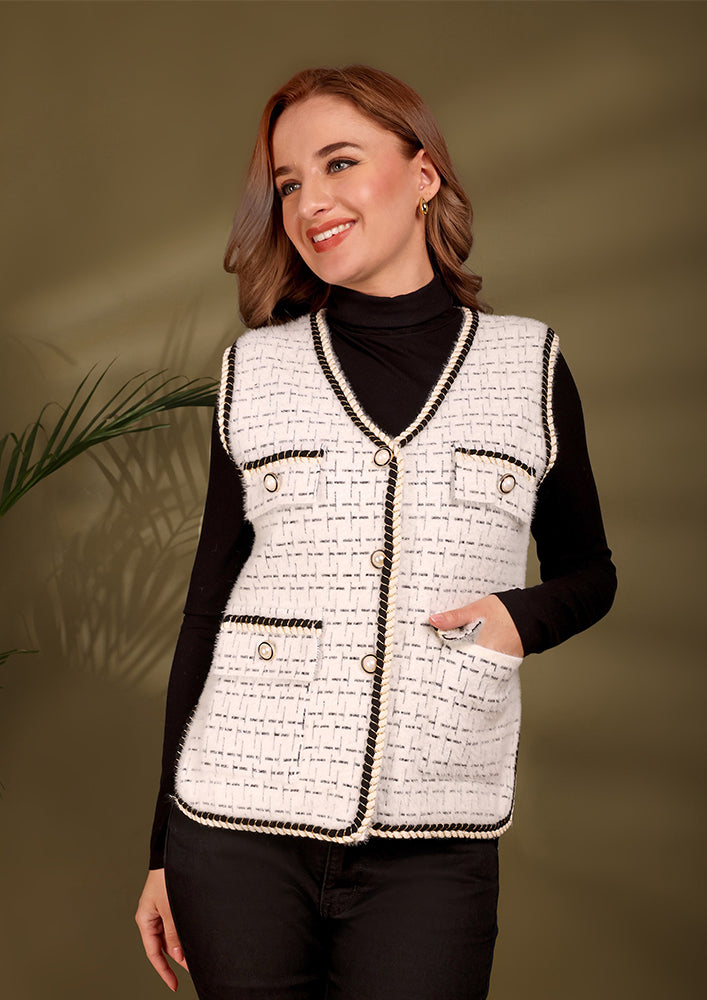 White Sleeveless Textured Tweed Jacket
