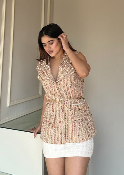 Yellow Tweed Vest Jacket With Pearl Detailed Collar And Belt