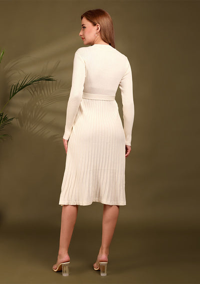 Off White Knitted Midi Dress With Waist Belt