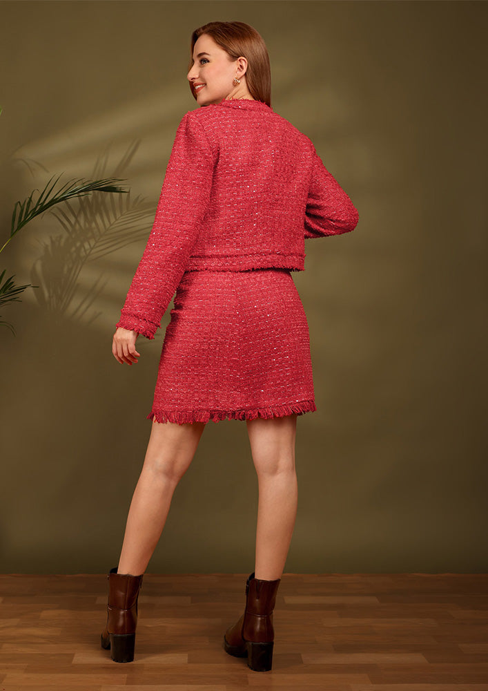 Red Tweed Jacket With Mini Skirt Tweed Set