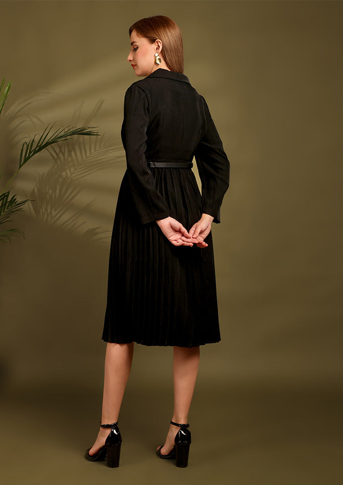 Asymmertic Black Blazer Pleated Midi Dress