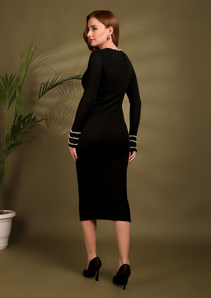 Black Keyhole Knitted Midi Dress With Pearl Detailing