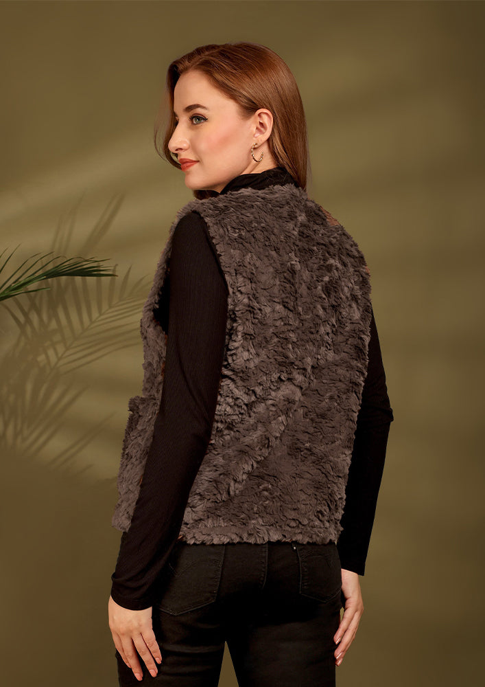 Brown Woolen Fur Sleeveless Vest