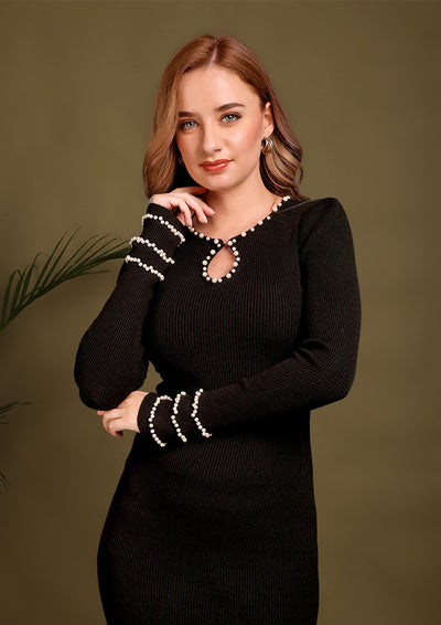 Black Keyhole Knitted Midi Dress With Pearl Detailing