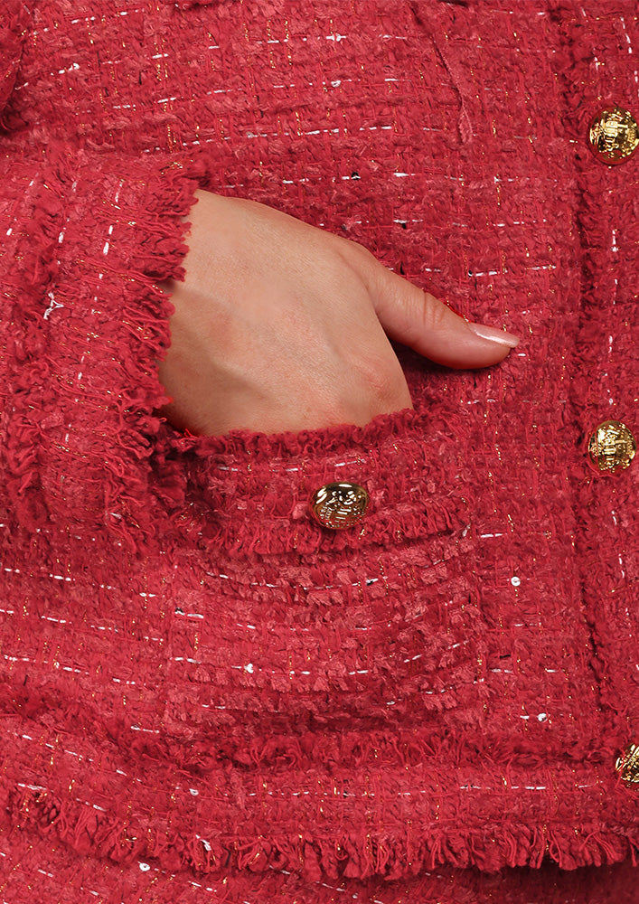 Red Tweed Jacket With Mini Skirt Tweed Set