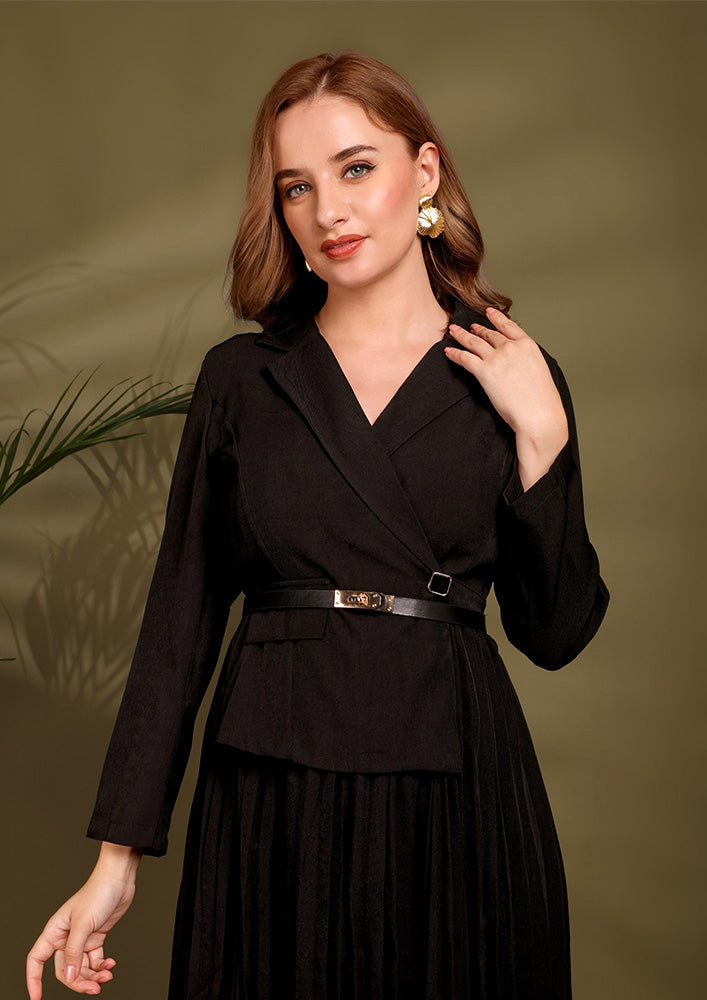 Asymmertic Black Blazer Pleated Midi Dress