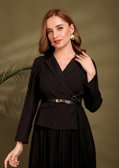 Asymmertic Black Blazer Pleated Midi Dress