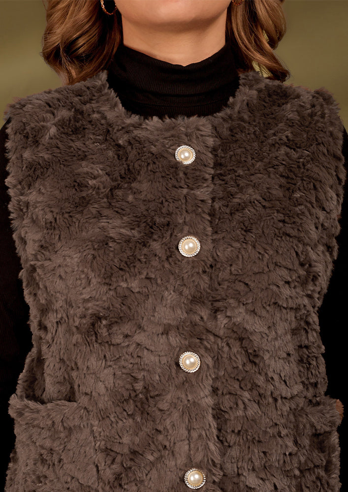 Brown Woolen Fur Sleeveless Vest