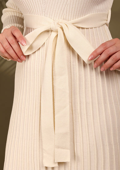 Off White Knitted Midi Dress With Waist Belt