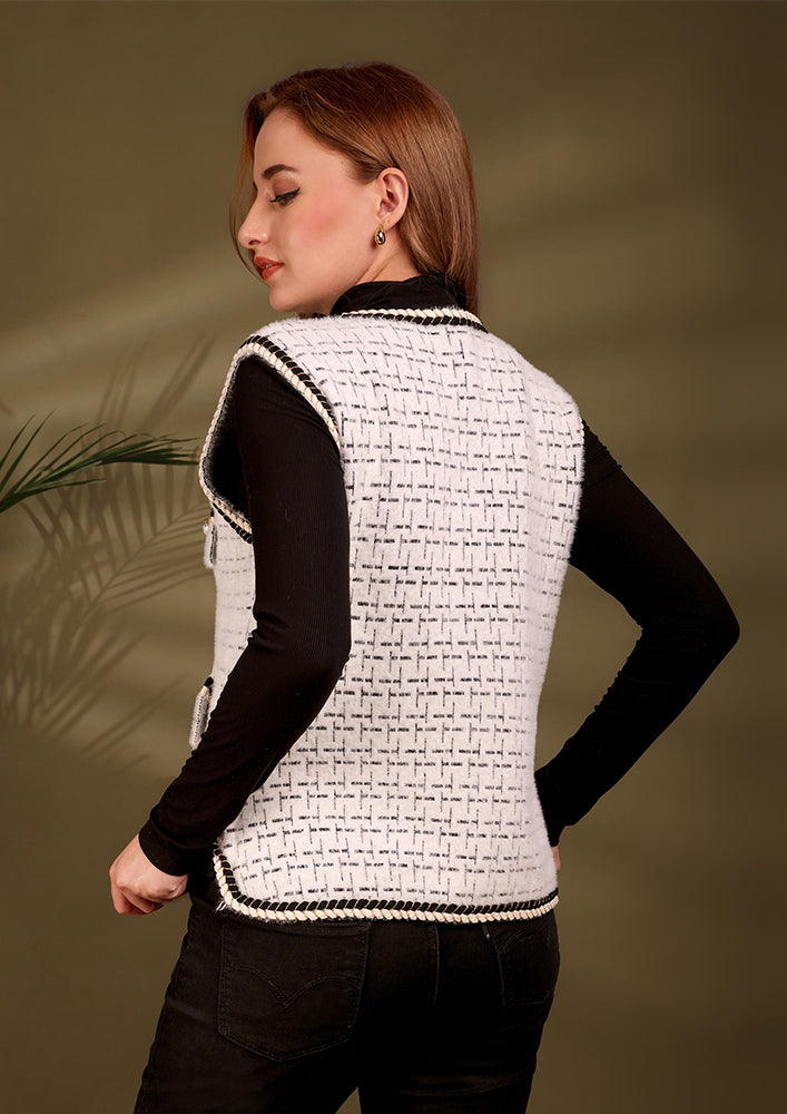 White Sleeveless Textured Tweed Jacket