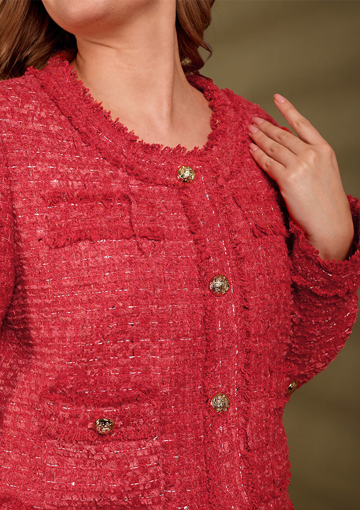 Red Tweed Jacket With Mini Skirt Tweed Set