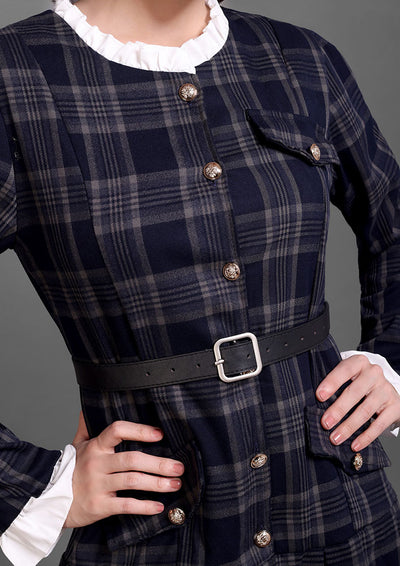 Navy Checkered Pleated Button-Down Dress
