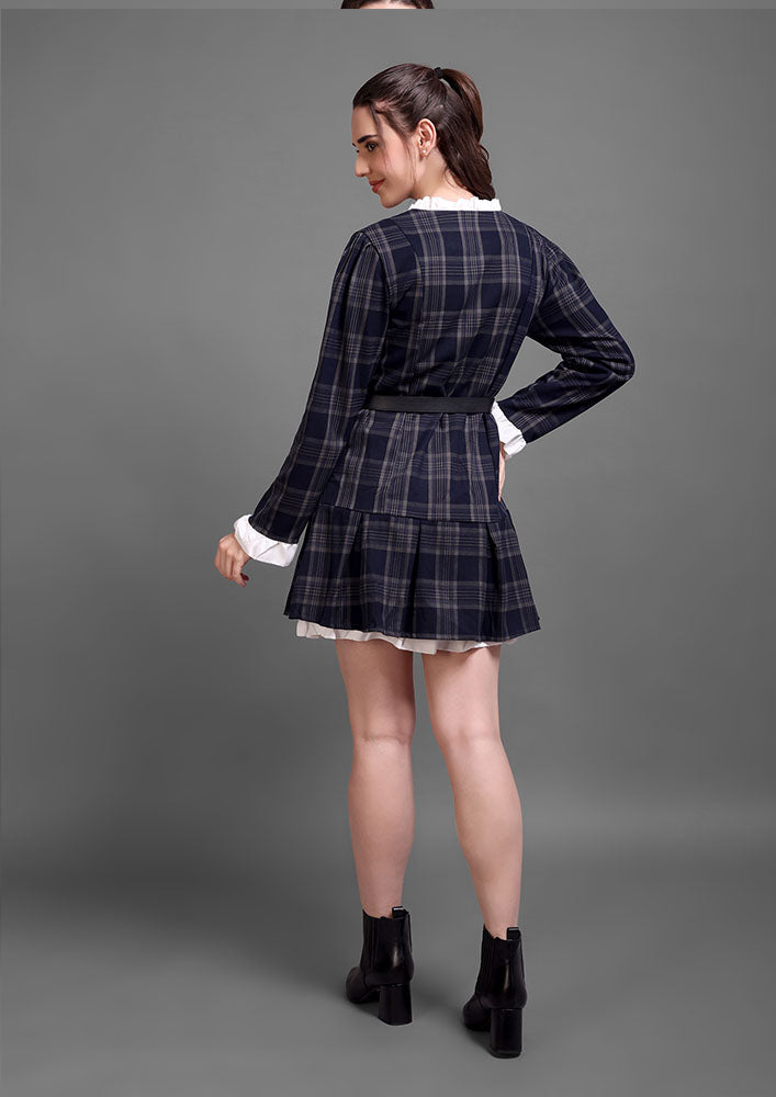 Navy Checkered Pleated Button-Down Dress