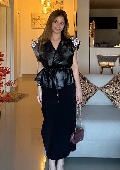 Black Leather Sleeveless Jacket with Shoulder Embellishments