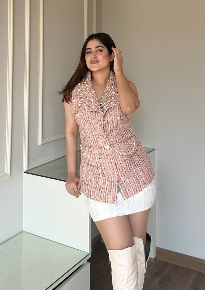 Pink Tweed Vest Jacket With Pearl Detailed Collar And Belt