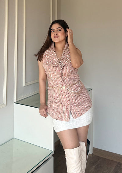Pink Tweed Vest Jacket With Pearl Detailed Collar And Belt