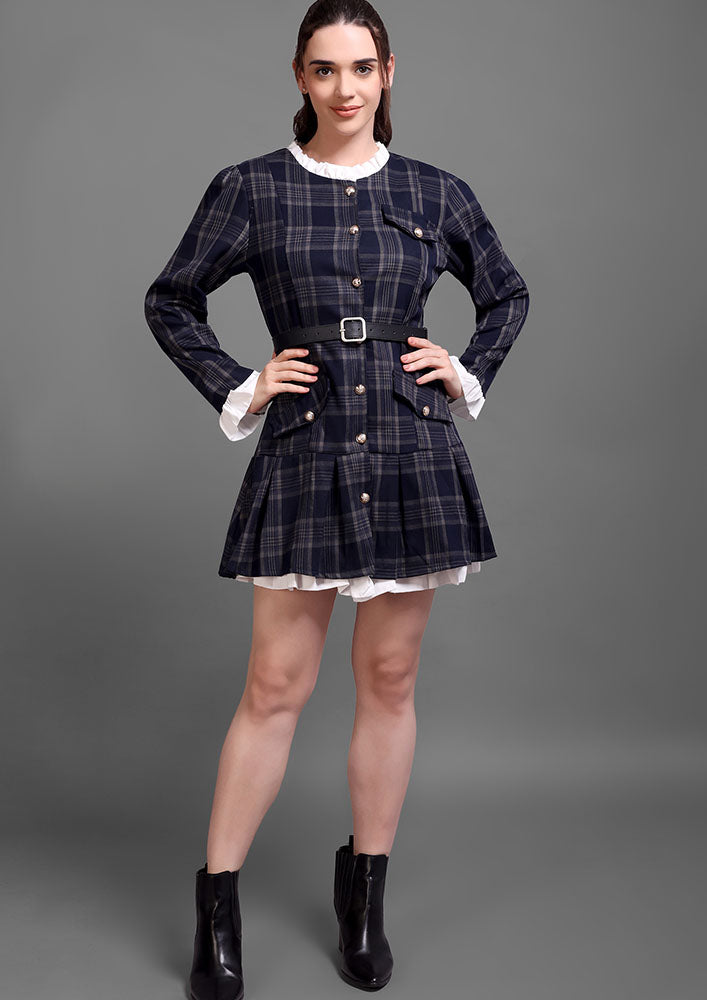 Navy Checkered Pleated Button-Down Dress