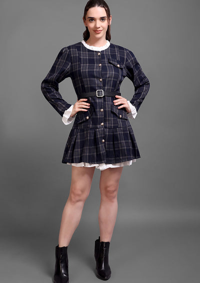 Navy Checkered Pleated Button-Down Dress