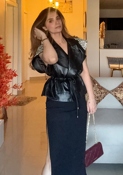 Black Leather Sleeveless Jacket with Shoulder Embellishments