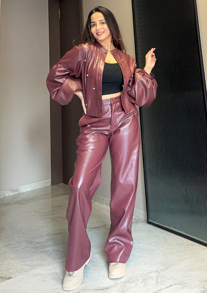 Burgundy Embellished Detailed Bubble Hem Leather Jacket