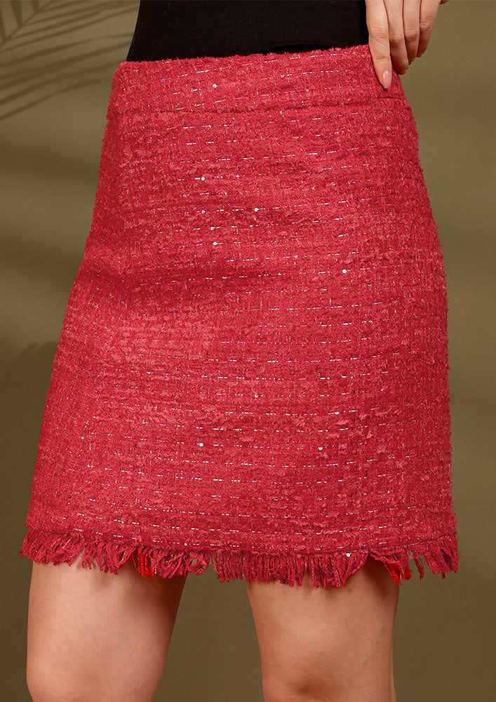 Red Tweed Jacket With Mini Skirt Tweed Set