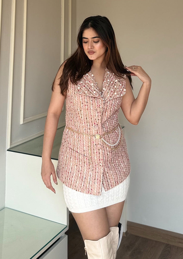 Pink Tweed Vest Jacket With Pearl Detailed Collar And Belt