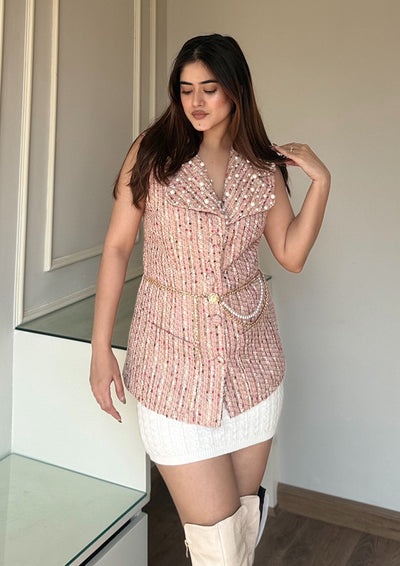 Pink Tweed Vest Jacket With Pearl Detailed Collar And Belt
