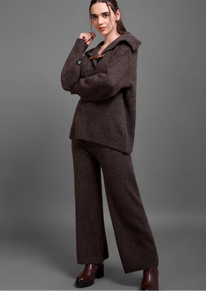 Brown Woolen  Sweater Top And Trouser Co-ord Set
