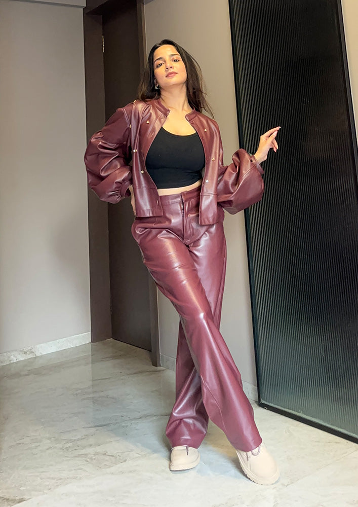 Burgundy Embellished Detailed Bubble Hem Leather Jacket